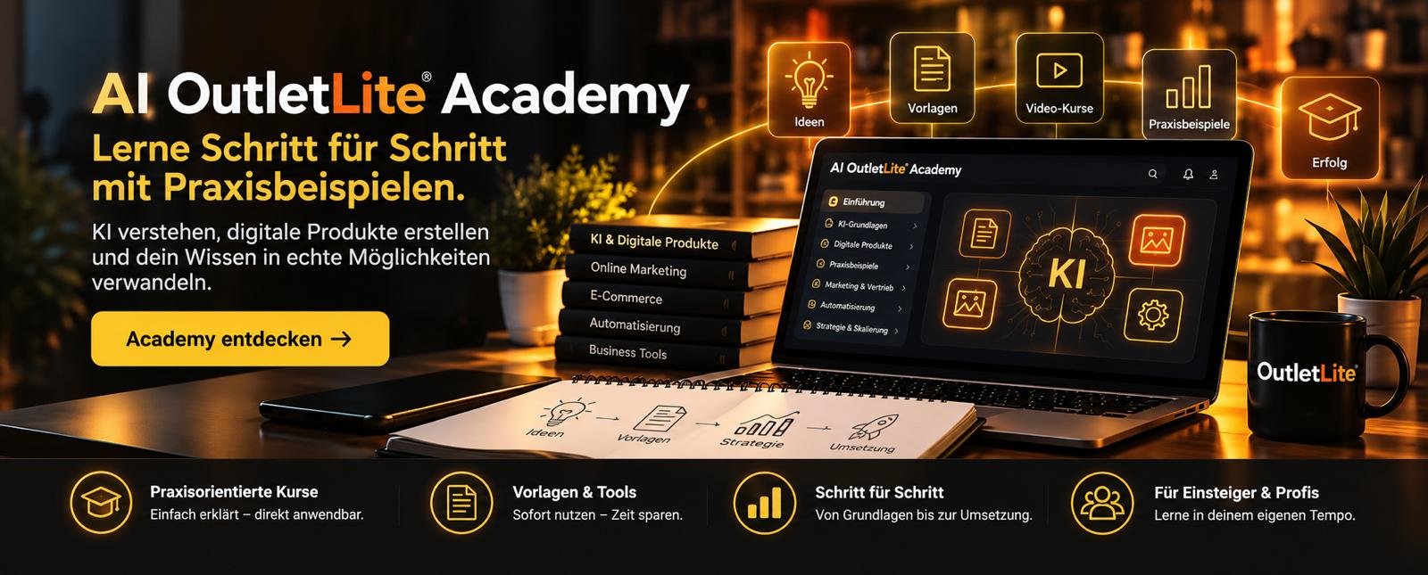 AI OutletLite Academy – KI lernen und digitale Produkte Schritt für Schritt erschaffen, mit praxisorientierten Kursen, Vorlagen und Tools.